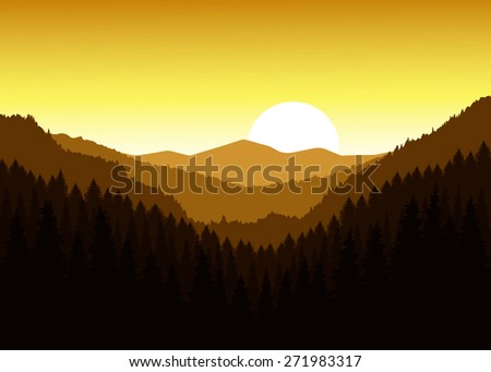 Vector landscape. Panorama of mountains. Valley(canyon). Three peaks. Sunset. Golden shades. Eps 10.