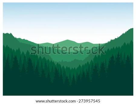 Vector landscape. Panorama of mountains. Valley(canyon). Three peaks. Green tones. Eps 10