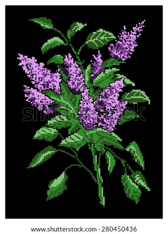 Color image bouquet of flowers (bloom of lilacs) on black background using traditional Ukrainian embroidery elements. Can be used as pixel-art.