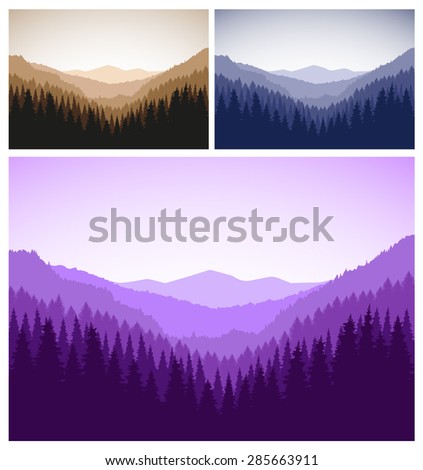 Three vector landscapes. Panorama of mountains. Valley(canyon). Three peaks.  Sepia, blue and violet tones.