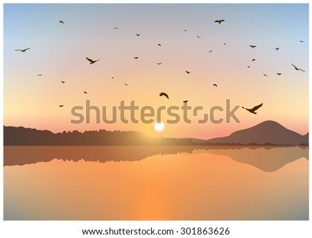 Vector landscape. Sunset on exotic island with volcano. A flock of birds on the background of colorful sky . Eps 10.