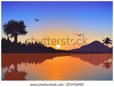 Vector landscape. Sunset on exotic island with volcano and palms. A birds on the background of colorful sky . Blue and yellow tones. Eps 10.