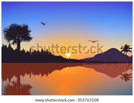 Image  landscape. Sunset on exotic island with volcano and palms. A birds on the background of colorful sky . Blue and yellow tones.