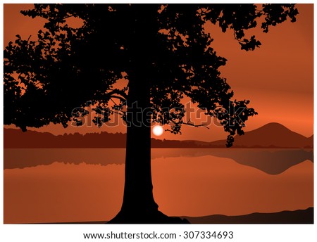 Vector landscape. Silhouette of tree on the background of sunset and panorama of mountains. Sepia. Eps 10.