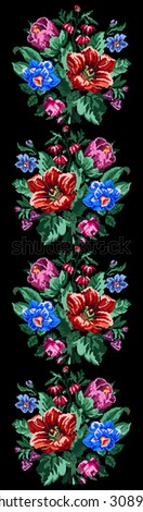 Color bouquet of wildflowers (lilia, bellflower, barberry flower and cornflowers) on the black background using traditional Ukrainian embroidery elements. Can be used as pixel-art. Border pattern.
