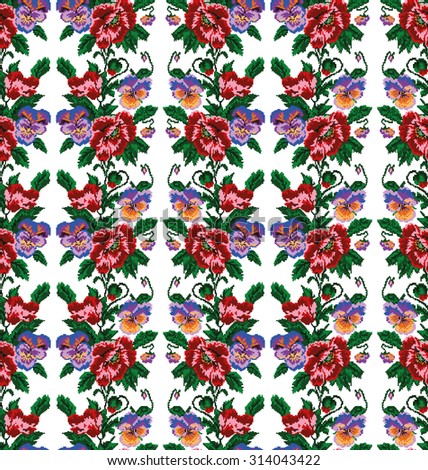 Color bouquet of flowers (poppies and pansies) using traditional Ukrainian embroidery elements. Seamless pattern. Can be used as pixel-art.