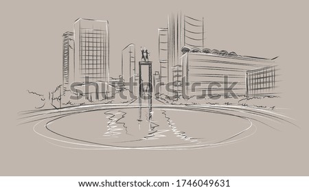 Hand drawn monument welcome jakarta sketch panoramic view metropolis skyline building with vector illustration