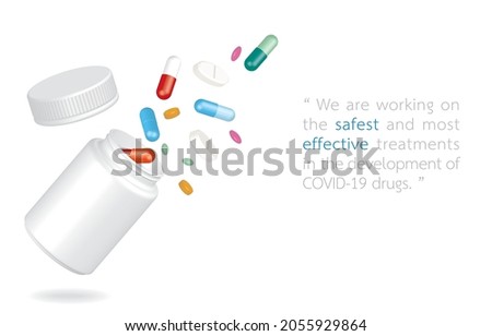 Vector illustration of various pills bounce off from white plastic medicine bottle, sample text of COVID-19 drug development, copy space for design on white, Medicine and Packaging Concept.