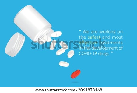 Vector illustration of pouring red COVID-19 medicine with lots of white pills out of bottle,sample text,copy space,design template,on blue,Developing Coronavirus Drugs Accessible to Everyone Concept.