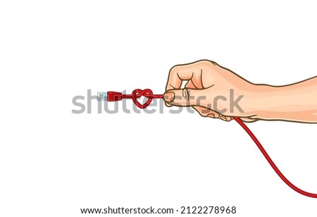 Vector illustration of hands holding brightly red ethernet network cable with heart shaped knot,LAN connection cable,plugging ethernet cable,isolated on white,Smart to connect of love,knotted heart.