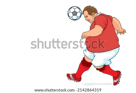 Vector illustration of obese soccer player playing football,overweight man athlete hitting soccer ball with his head,weight loss,isolated on white background,Playing sports is good for health concept.
