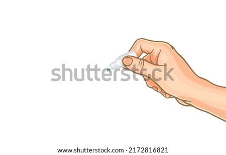 Vector illustration of hand holding eye drop or ear drop bottle with droplet,white plastic bottles,eye drug dropper,eye drop container,on white,Eye care,medical equipment,pharmaceutical product.
