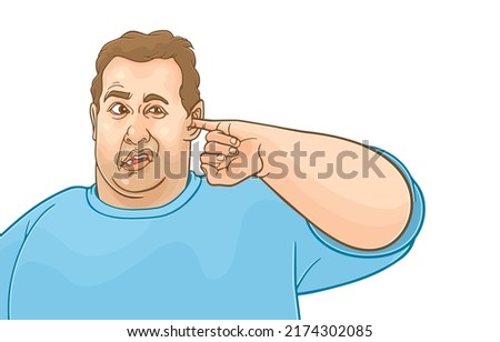 Vector illustration of plump young man picking his ear with his finger or putting finger into his ear,Itchy ear,isolated on white,Auditory,Ear infection,Cleanliness in ear canal for obese people.