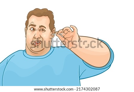 Vector illustration of fat man was picking his ears with cotton swab,putting hygienic swab,cotton buds into his ear,isolated on white,Auditory,Ear infection,Cleanliness in ear canal for obese people.