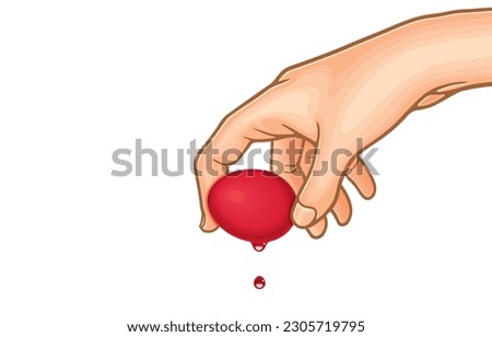 Vector illustration of hand picks up red egg while paint is not dry yet,paint drips off egg,prepare to celebrate,happiness, rebirth,isolated on white.Asian beliefs,Symbol of birth.Auspicious red color