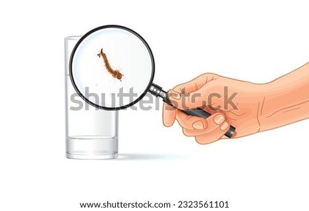 Vector illustration of hand hold magnifying glass throug glass of clear water where mosquito larvae clearly visible,mosquito reproduction,isolated on white.Drink clean water for hygiene,good health.