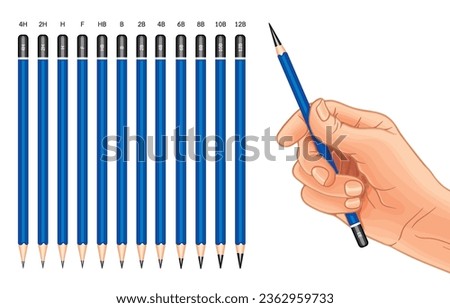 Vector illustration of hand holding EE pencil,set of drawing pencils with different types of graphite,blue handle,isolated on white.Tool to create creativity,imagination in world of art,drawing.