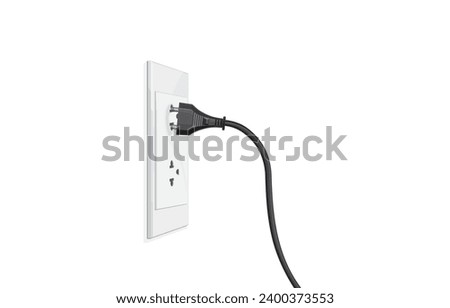 vector illustration of black electrical cord power plug loose with power supply electric switch outlet socket,falling from outlet electric shock on wall,on white.Check,Safety from using electricity.