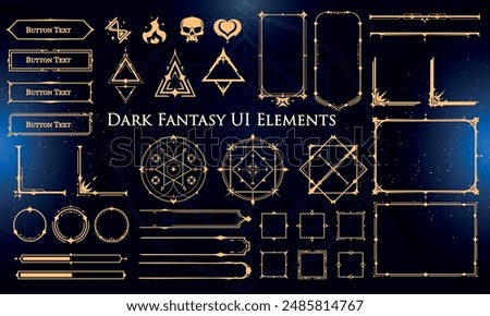 Set of Dark Fantasy Elements for user interface, poster, video. Fantasy magic HUD. Template for rpg game interface. Vector Illustration EPS10