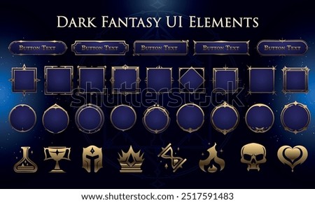 Set of Dark Fantasy Elements for user interface, poster, video. Fantasy magic HUD. Template for rpg game interface. Vector Illustration EPS10