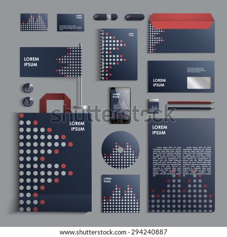 Corporate identity template in blue and grey colors with pattern of circles. Vector company style for brandbook and guideline. EPS 10