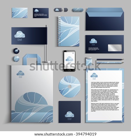 Corporate identity template in blue colors with cloud logo. Vector company style for brand book and guideline. EPS 10