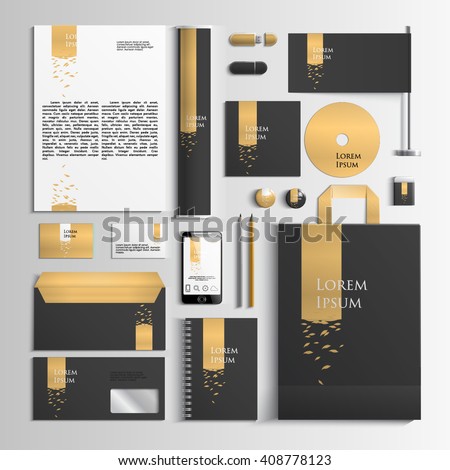 Corporate identity template in black and gold colors with an illustration with leaves. Vector company style for brand book and guideline. EPS 10