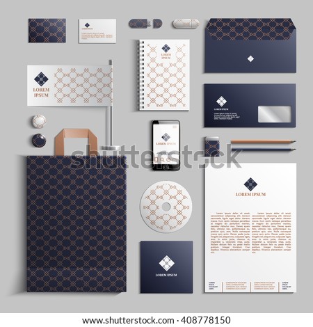 Corporate identity template in dark blue and beige colors with geometric pattern. Vector company style for brand book and guideline. EPS 10