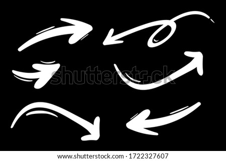 Set of white hand-drawn arrows on a black background. Vector outline illustration