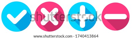 Set of flat square check mark, X mark, plus sign and minus sign icons, buttons isolated on a white background. EPS10 vector file.