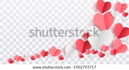 Valentines hearts postcard. Paper flying elements on transparent background. Vector symbols of love in shape of heart for Happy Women's, Mother's, Valentine's Day, birthday greeting card design. PNG .