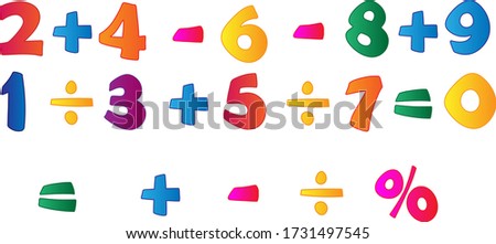 Numbers and mathematical signs, pencil crayon, children's colouring, vector, set, illustration.