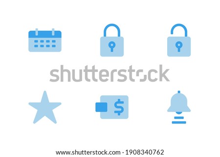 Ecommerce icon set with Calendar, lock, unlock, star, wallet and bell icon. flat style