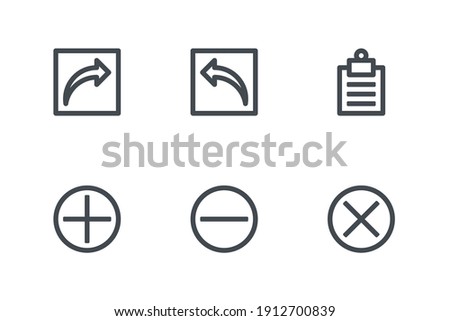 user interface icon set with plus, minus, close, clipboard, back and next icon.  Outline style