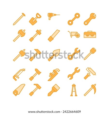Construction tool icon set. filled color icon collection. Containing axe, drill and hammer icons.