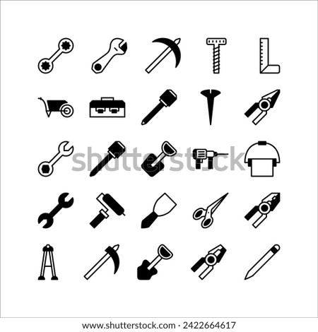 Construction tool icon set. filled black icon collection. Containing axe, drill and hammer icons.