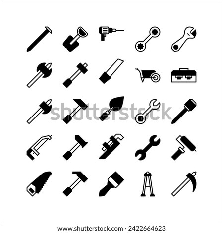 Construction tool icon set. filled black icon collection. Containing axe, drill and hammer icons.