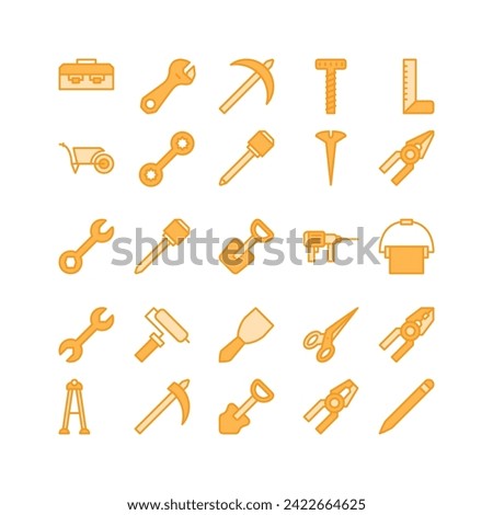 Construction tool icon set. filled color icon collection. Containing axe, drill and hammer icons.