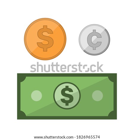 Set icons cash money. Paper dollar, coins dollar and cent. Isolated on white background. Flat vector image.
