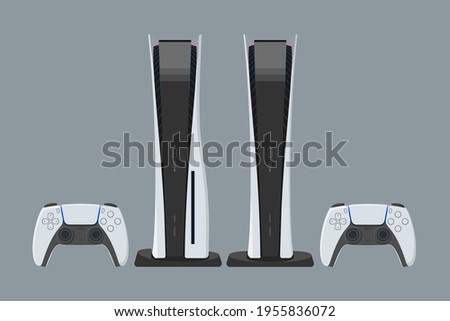 Color illustration of set game console with wireless gamepad. Vector set of two consoles flat and slim version with joysticks isolated on gray background..
