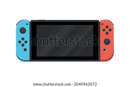 Modern handheld game console in vector. Cartoon colorful portable game console isolated on white background. Illustration with separate layers. Clipart on the theme video games.