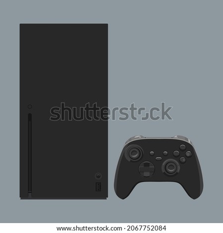 Color illustration of modern game console with wireless gamepad. Vector set console with joystick isolated on gray background.