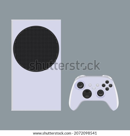 Color illustration of modern game console with wireless gamepad in white colors. Vector set console with joystick isolated on gray background.