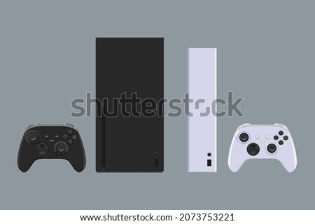 Color illustration of set game console with wireless gamepad. Vector set of two consoles white and black version with joysticks isolated on gray background.