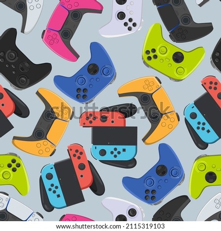 Seamless pattern with colorful gamepads. Vector pattern with wireless joysticks.