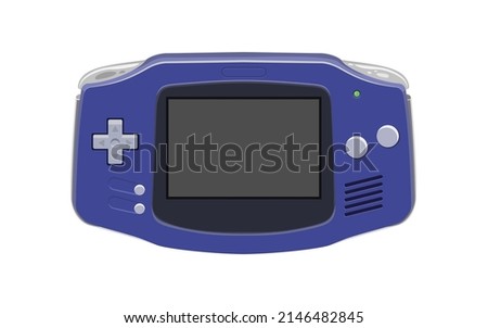 Handheld video game console from the 90s. Retro portable console in color. Classic 8-bit console. Isolated image vector on white background.