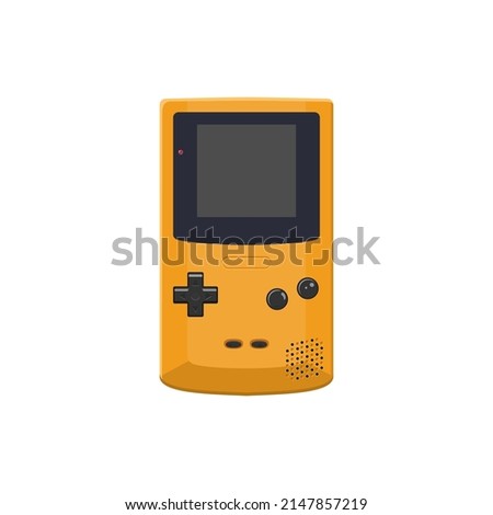Handheld video game console from the 90s. Retro portable console in yellow color. Classic 8-bit console. Isolated image vector on white background.