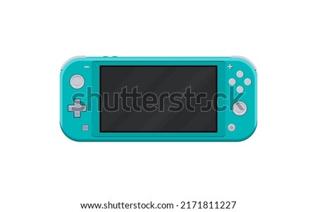 Modern handheld game console in vector. Cartoon portable game console isolated on white background. Illustration with separate layers. Clipart on the theme video games.
