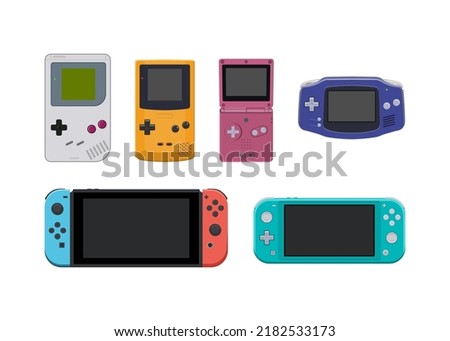 Set of handheld game consoles. Isolated vector cartoon colorful consoles on white background.