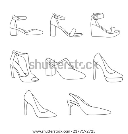 Hand-drawn set of women shoes. Block Heels, Ankle Booties on medium heel, Ballerina flats, Pumps, stiletto, Open Toe Sandals, Slingback medium heel.vector illustration collection of fashion high heels